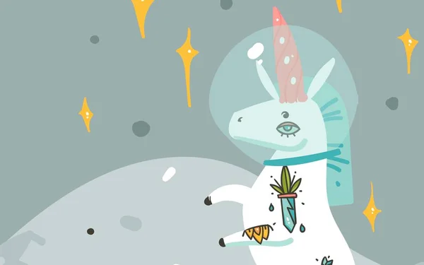 Handritad vektor abstrakt grafisk kreativa tecknade illustrationer kort mall med astronaut unicorn med old school tatuering, stjärnor och planeter i kosmos galaxy isolerade på pastell bakgrund — Stock vektor