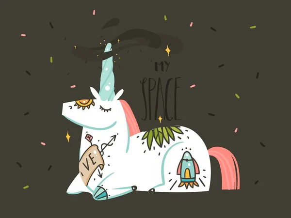 Dibujado a mano vector abstracto gráfico creativo dibujos animados ilustraciones cartel fondo con astronauta unicornios con tatuaje de la vieja escuela, caligrafía escrita a mano aislada sobre fondo negro — Archivo Imágenes Vectoriales