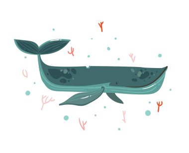 Mercan resifleri ve beyaz arka plan üzerinde büyük balina karakter izole güzelliği ile çizilmiş vektör karikatür grafik yaz saati sualtı çizimler el