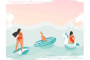 Elle çizilmiş vektör karikatür grafik yaz saati komik resimler poster sörfçü kız köpekle mavi okyanus dalgaları dokulu arka plan üzerinde izole kırmızı bikini ile