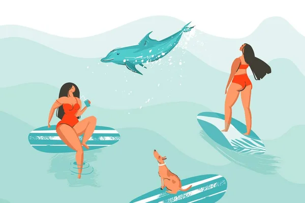 Mão desenhado vetor abstrato cartoon gráfico verão tempo engraçado ilustrações cartaz com surfista meninas em biquíni vermelho com cão isolado em azul oceano ondas texturizado fundo —  Vetores de Stock