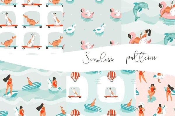 Håndtegnede abstrakte kartoongrafiske sommertidsillustrasjoner med surfejenter, hunder på rullebrett, rosa flamingo og enhjørningsbøyer isolert på blå bølger – stockvektor
