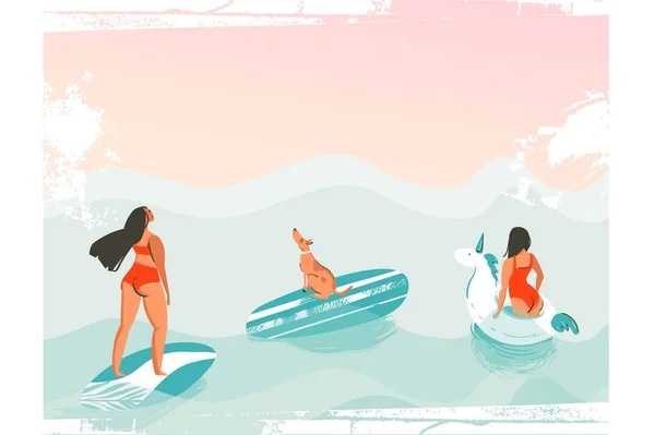 Vettore disegnato a mano astratto cartone animato grafica estate tempo divertenti illustrazioni poster con le ragazze surfiste in bikini rosso con cane isolato su onde blu oceano sfondo strutturato — Vettoriale Stock