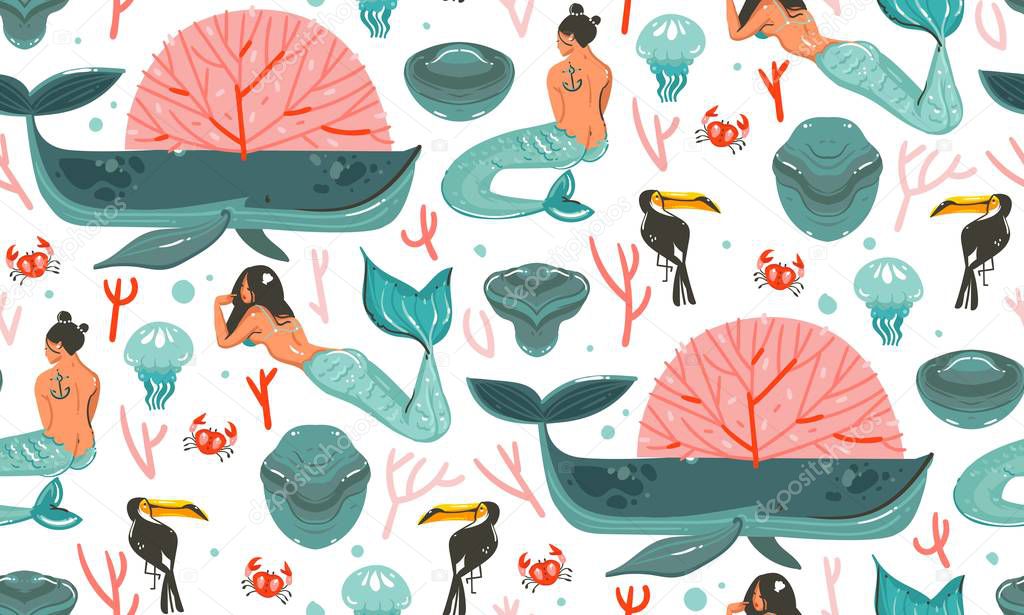 Hand drawn vector abstract cartoon graphic summer time underwater illustrations seamless pattern with coral reefs,jellyfish and beauty bohemian mermaid girls characters isolated on white background