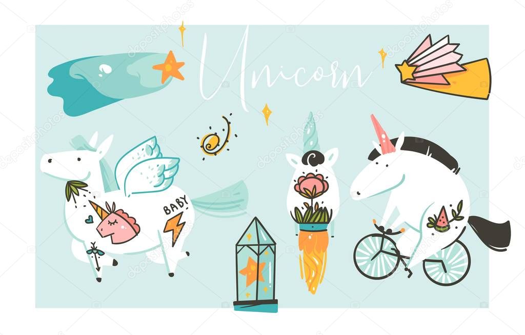 Hand drawn vector abstract graphic creative artistic cartoon illustrations collection set with unicorns with old school tattoo,pegasus,galaxy planets and comets isolated on white background