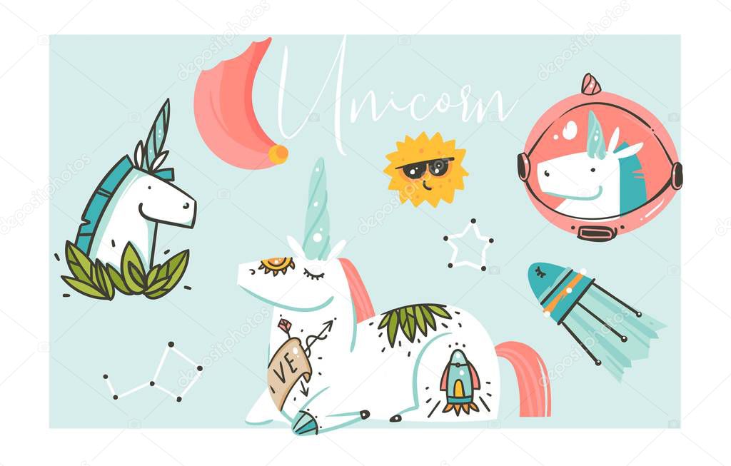 Hand drawn vector abstract graphic creative artistic cartoon illustrations collection set with unicorns with old school tattoo,flowers,galaxy planets and spaceship isolated on white background
