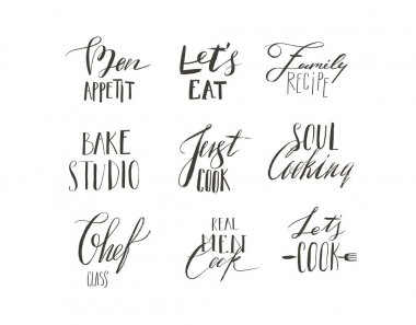 Yemek zamanı eğlenceli el çizilmiş vektör modern karikatür koleksiyonu tasarım logo yazı illüstrasyonlar Icons set ile pişirme modern hat tırnak ve beyaz arka plan üzerinde izole metin