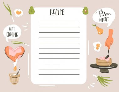 Stüdyo illüstrasyonlar tarifi kart planlayıcısı templete kadın eller, yemek, sebze ve beyaz arka plan üzerinde izole el yazısı hat pişirme el çizilmiş vektör modern karikatür