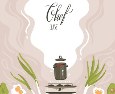 Sınıf illüstrasyonlar poster gıda sahne, çorba pan, sebze ve Şef sınıf el yazısıyla yazılmış modern hat beyaz arka plan üzerinde izole hazırlanması pişirme el çizilmiş vektör modern karikatür