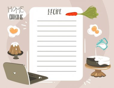 Hand drawn vector abstract modern cartoon cooking studio class illustrations recipe cooking card templete with handwritten calligraphy quotes isolated on white background vector