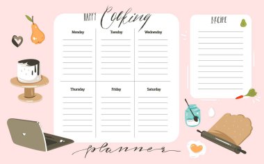 Hand drawn vector abstract modern cartoon cooking studio class illustrations weekly cooking planner and recipe card templete with handwritten calligraphy quotes isolated on white background vector