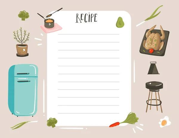 Hand dras vektor abstrakt modern tecknad matlagning studio illustrationer recept kort planner templete med mat, grönsaker och handskrivna kalligrafi isolerad på vit bakgrund — Stock vektor