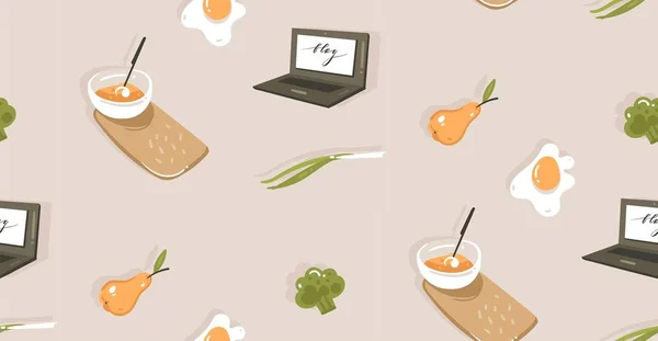 手绘矢量抽象现代卡通烹饪时间有趣的插图图标与蔬菜, 食品和厨房用具的无缝模式在灰色背景下隔离 — 图库矢量图片