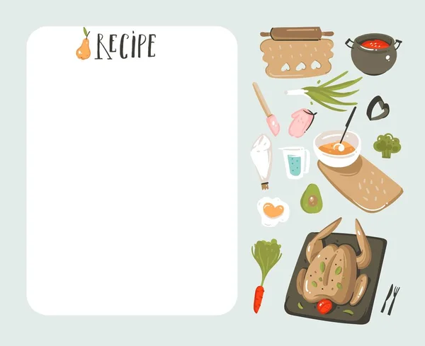 Vettore disegnato a mano astratto moderno cartone animato cucina studio illustrazioni ricetta card planner templete con icone alimentari, verdure e calligrafia scritta a mano isolato su sfondo bianco — Vettoriale Stock