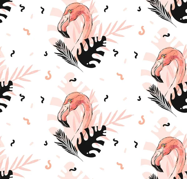 Ręcznie rysowane wektor streszczenie grafiki freehand teksturowanej szkic pink flamingo i tropikalnych palm pozostawia rysunek wzór bezszwowe ilustracja konfetti nowoczesne elementy na białym tle — Wektor stockowy