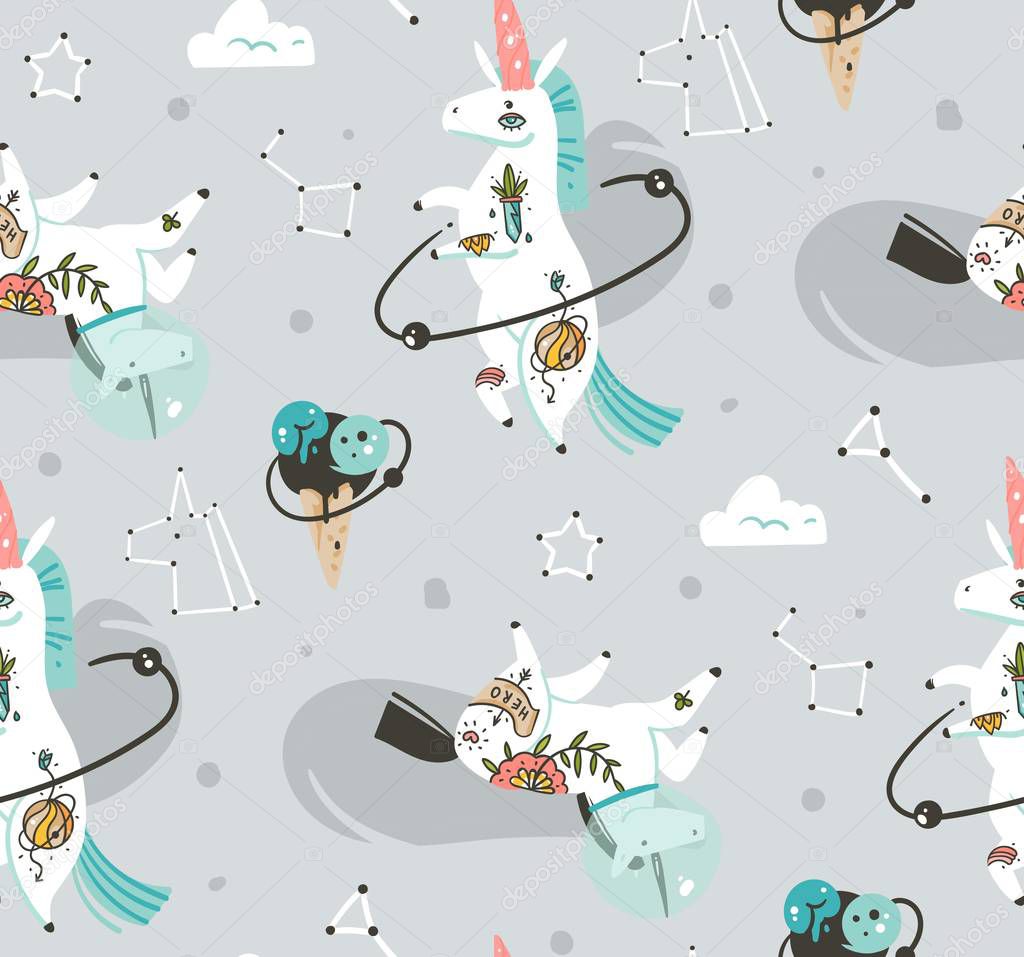 Hand drawn vector abstract graphic creative cartoon illustrations seamless pattern with cosmonaut unicorns with old school tattoo,pagasus and planets in cosmos isolated on grey background