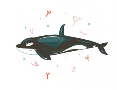 Mercan resifleri ve beyaz arka plan üzerinde izole güzellik büyük katil balina karakter çizilmiş vektör karikatür grafik yaz saati sualtı çizimler el