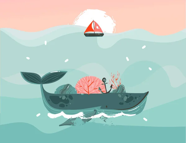 Ручний намальований векторний абстрактний мультфільм літній час графічні ілюстрації шаблонний фон з синіми океанськими хвилями, великим китом, коралами, водоростями, морською водоростями, анкорою, піском та місцем для тексту — стоковий вектор