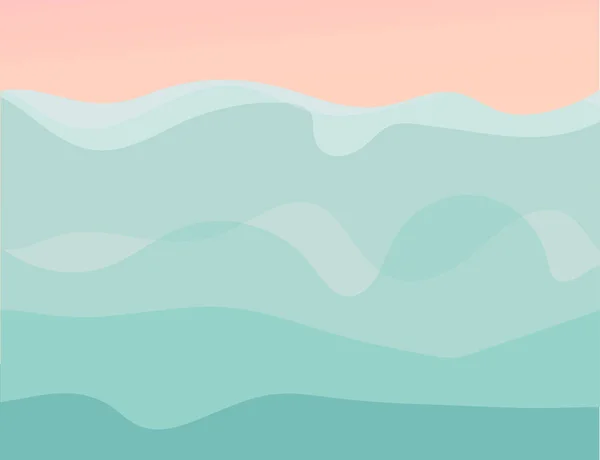 Vettore disegnato a mano astratto cartoni animati estate tempo illustrazioni grafiche modello di sfondo con onde marine spiaggia blu, rosa tramonto e copiare spazio per il testo — Vettoriale Stock