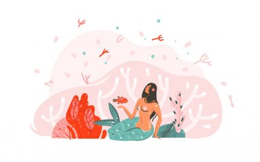 Çizilmiş vektör karikatür grafik yaz saati sualtı illüstrasyonlar poster mercan resifleri, balık, taşlar, deniz yosunu ve beyaz arka plan üzerinde bohem deniz kızı kız karakter izole güzellik el