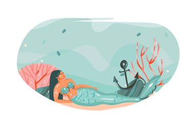 El çizilmiş vektör karikatür yaz saati grafik sualtı çizimler sanat şablonu okyanus dibinde ile birlikte arka plan güzellik deniz kızı kız ve uzay arka plan üzerinde beyaz izole metni kopyalama