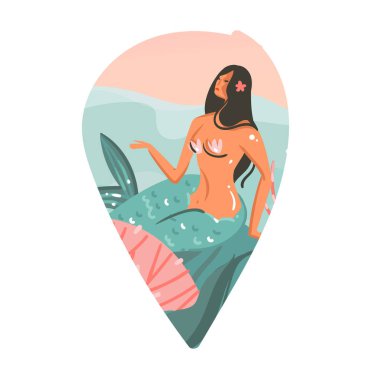 El çizilmiş vektör karikatür yaz saati grafik sualtı çizimler sanat şablonu ile okyanus, arka plan güzellik deniz kızı kız ve uzay arka plan üzerinde beyaz izole metni kopyalama