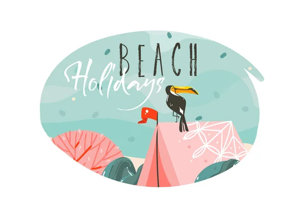 Handgezeichnet Vektor abstrakt cartoon Sommerzeit grafische Illustrationen Vorlage Hintergrund mit Meer Sandstrand, blaue Wellen, Tukan Vogel, rosa Bohemian Zelt und Strand Urlaub Typografie isoliert auf weiß — Stockvektor