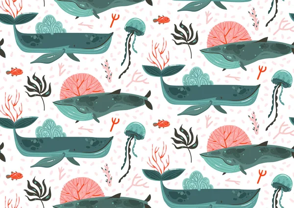 Hand dras vektor abstrakt tecknad grafisk sommartid undervattens havet botten illustrationer sömlösa mönster med korallrev, skönhet stora valar, sjögräs och maneter isolerad på vit bakgrund — Stock vektor