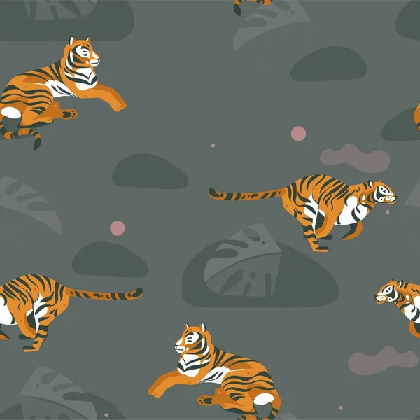 Dibujado a mano vector abstracto caricatura gráfico moderno africano Safari concepto collage ilustraciones arte patrón sin costuras con tigres animales y hojas de palma tropical aislados sobre fondo de color pastel — Vector de stock