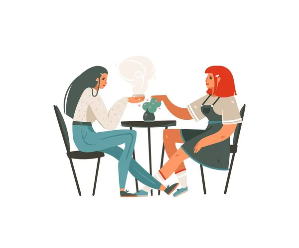 Hand dras vektor abstrakt tecknad modern grafiska flickor sitter på café och dricka kaffe illustration konst isolerad på vit bakgrund — Stock vektor