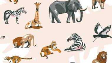 El çizimi vektör soyut çizgi film modern Afrika Safari kolajı sanat kusursuz desenli safari hayvanları pastel arka planda izole edilmiş.