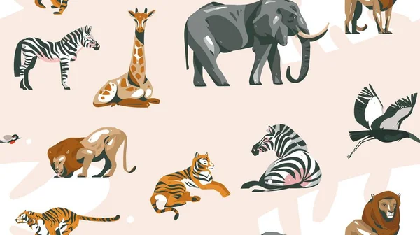 Ręcznie rysowane wektor abstrakcyjny kreskówka nowoczesny grafika African Safari kolaż ilustracje sztuka bezproblemowy wzór z safari zwierzęta izolowane na pastelowym tle kolor — Wektor stockowy
