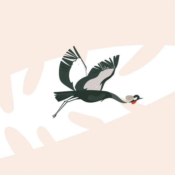 Mão desenhado vetor abstrato cartoon moderno gráfico Africano Safari Natureza conceito ilustrações arte com voar pássaro guindaste isolado no fundo cor pastel —  Vetores de Stock