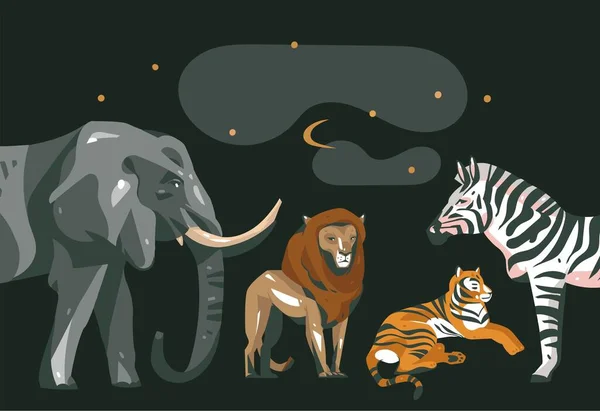 Dibujado a mano vector abstracto caricatura gráfico moderno África Safari collage ilustraciones arte bandera con animales de safari aislados sobre fondo de color negro — Vector de stock