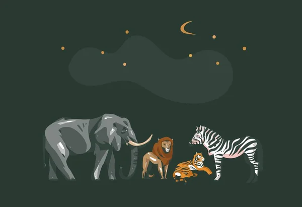 Dibujado a mano vector abstracto caricatura gráfico moderno África Safari collage ilustraciones arte bandera con animales de safari aislados sobre fondo de color negro — Vector de stock