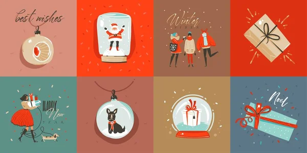 Tracé à la main vectoriel abstrait amusant Joyeux Noël temps collection de cartes de dessin animé avec des illustrations mignonnes, boîtes-cadeaux surprise et manuscrit texte calligraphie moderne isolé sur fond coloré — Image vectorielle