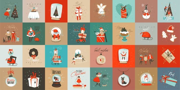 Diversión abstracta vectorial dibujada a mano Feliz Navidad colección de tarjetas de dibujos animados con ilustraciones lindas, cajas de regalo sorpresa y caligrafía moderna manuscrita texto aislado sobre fondo de color — Vector de stock