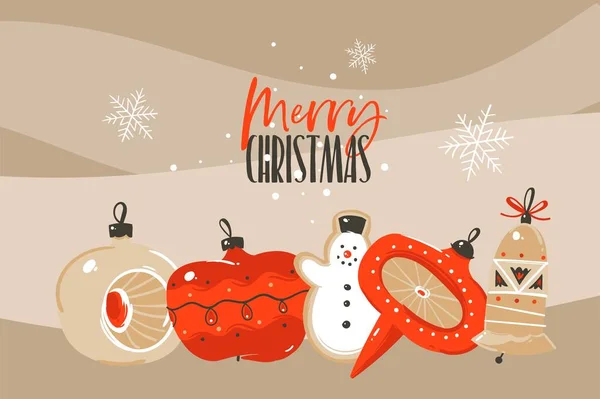 Ručně kreslené vektor abstraktní zábava Veselé Vánoce a šťastný Nový rok čas karikatura ilustrace přání s vánoční strom hračky izolované na řemeslné pozadí — Stockový vektor