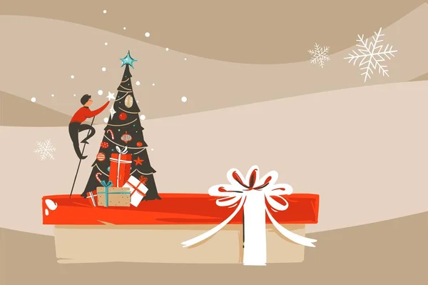 Mão desenhado vetor abstrato divertido Feliz Natal e Feliz Ano Novo cartoon ilustração cartão com árvore de xmas isolado no fundo do ofício —  Vetores de Stock