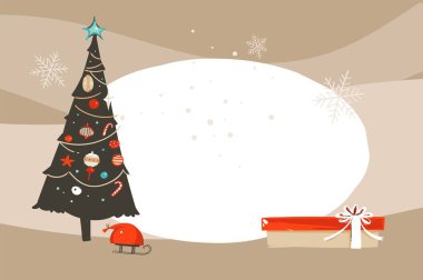 El yapımı vektör soyut eğlence Mutlu Noeller ve Mutlu Yeni Yıl çizgi film resimli tebrik kartı ve el sanatları arka planında gizlenmiş Xmas ağacı oyuncakları