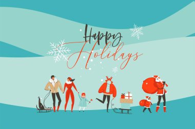 El çizimi vektör soyut eğlence Mutlu Noeller ve Mutlu Yıllar çizgi film resimli tebrik kartı.