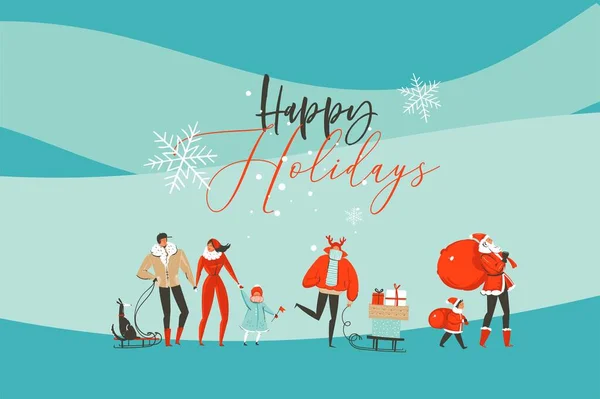 Handgetekende vector abstract plezier Vrolijk Kerstmis en Gelukkig Nieuwjaar cartoon illustratie wenskaart met Kerstmis mensen geïsoleerd op ambachtelijke achtergrond — Stockvector