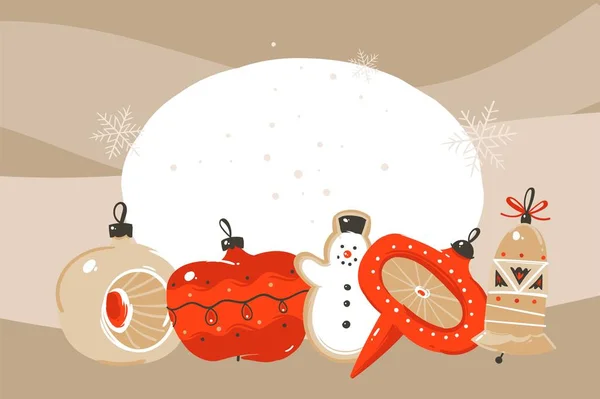 Mão desenhado vetor abstrato divertido Feliz Natal e Feliz Ano Novo cartoon ilustração cartão com brinquedos de árvore de xmas isolado no fundo do ofício —  Vetores de Stock
