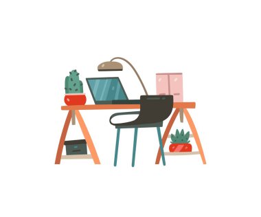 El çizimi vektör soyut çizgi film modern grafik ev çalışma alanı ve beyaz arkaplanda izole edilmiş dizüstü bilgisayar çizimleri