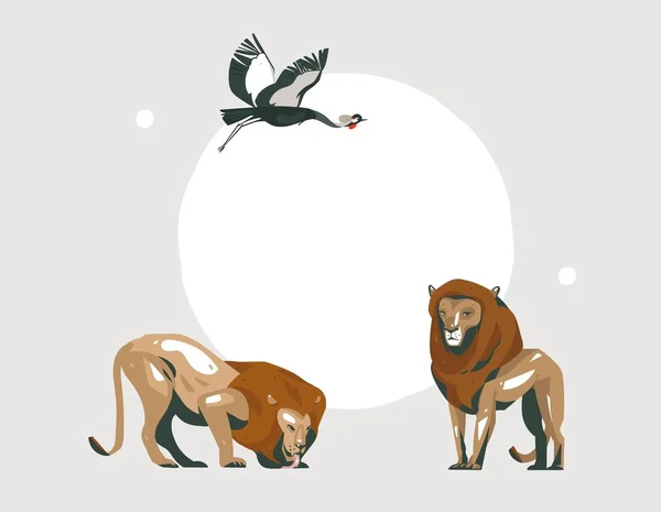 Ręcznie rysowane wektor abstrakcyjny kreskówka nowoczesny grafika African Safari kolaż ilustracje sztuka baner z safari zwierzęta izolowane na pastelowym tle kolor — Wektor stockowy