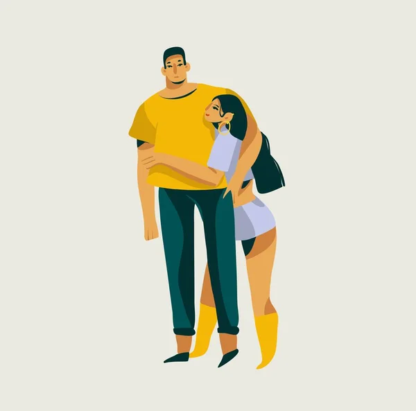 Illustration graphique abstraite de la Saint-Valentin avec un jeune couple romantique isolé sur fond blanc — Image vectorielle