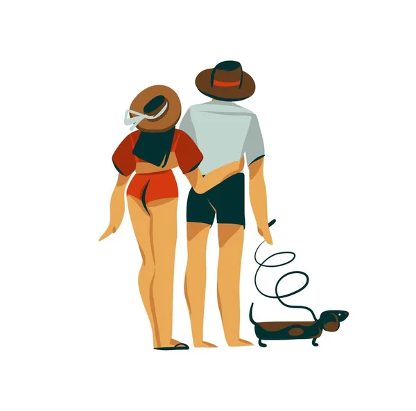 Dibujado a mano vector stock gráfico abstracto día de San Valentín ilustración plana con pareja romántica joven caminando por la playa con perro aislado sobre fondo blanco — Archivo Imágenes Vectoriales