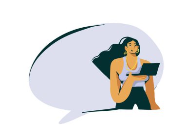 El çizimi vektör soyut çizgi film düz stok modern grafik etkileyicisi kız dizüstü bilgisayar çizimi sanat ve konuşma balonu beyaz arka planda izole