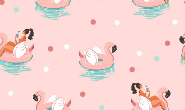 Dessin à la main vectoriel stock abstrait mignon été heure dessins animés modèle sans couture avec licorne flamant rose anneaux en caoutchouc et les dauphins isolés sur fond rose — Image vectorielle