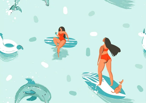 Handgetekende vector stock abstracte leuke zomer tijd cartoon illustraties naadloos patroon met surfplank meisjes en dolfijnen in blauwe oceaan water backgroun — Stockvector